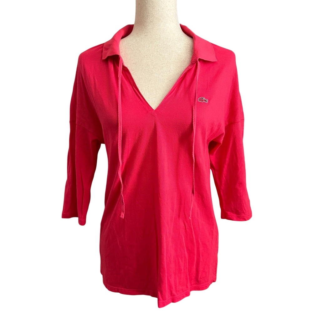 Lacoste Pink Pique Collared Tennis V Neck Long Sleeve Top Crocodile Logo Size 38